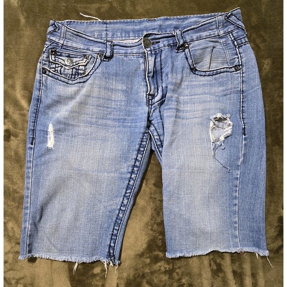 True Religion Shorts Men's 36 Blue Denim Distressed Grunge Biker 5 Pocket - Picture 3 of 4